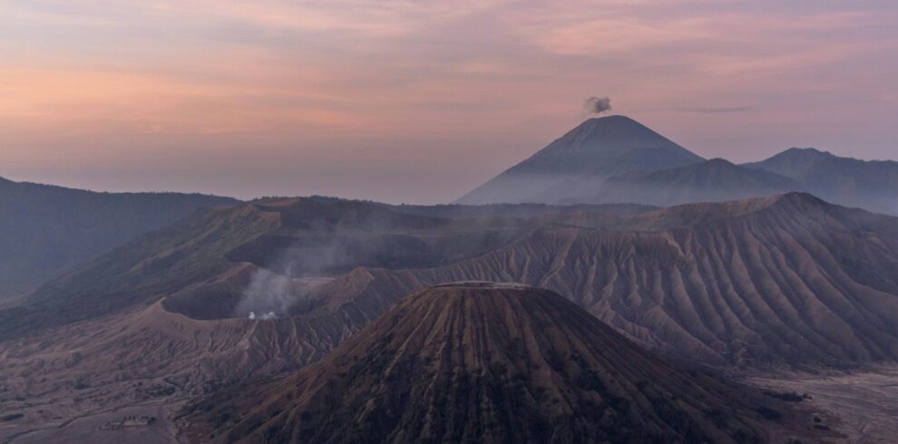 landscape of mountains and volcano